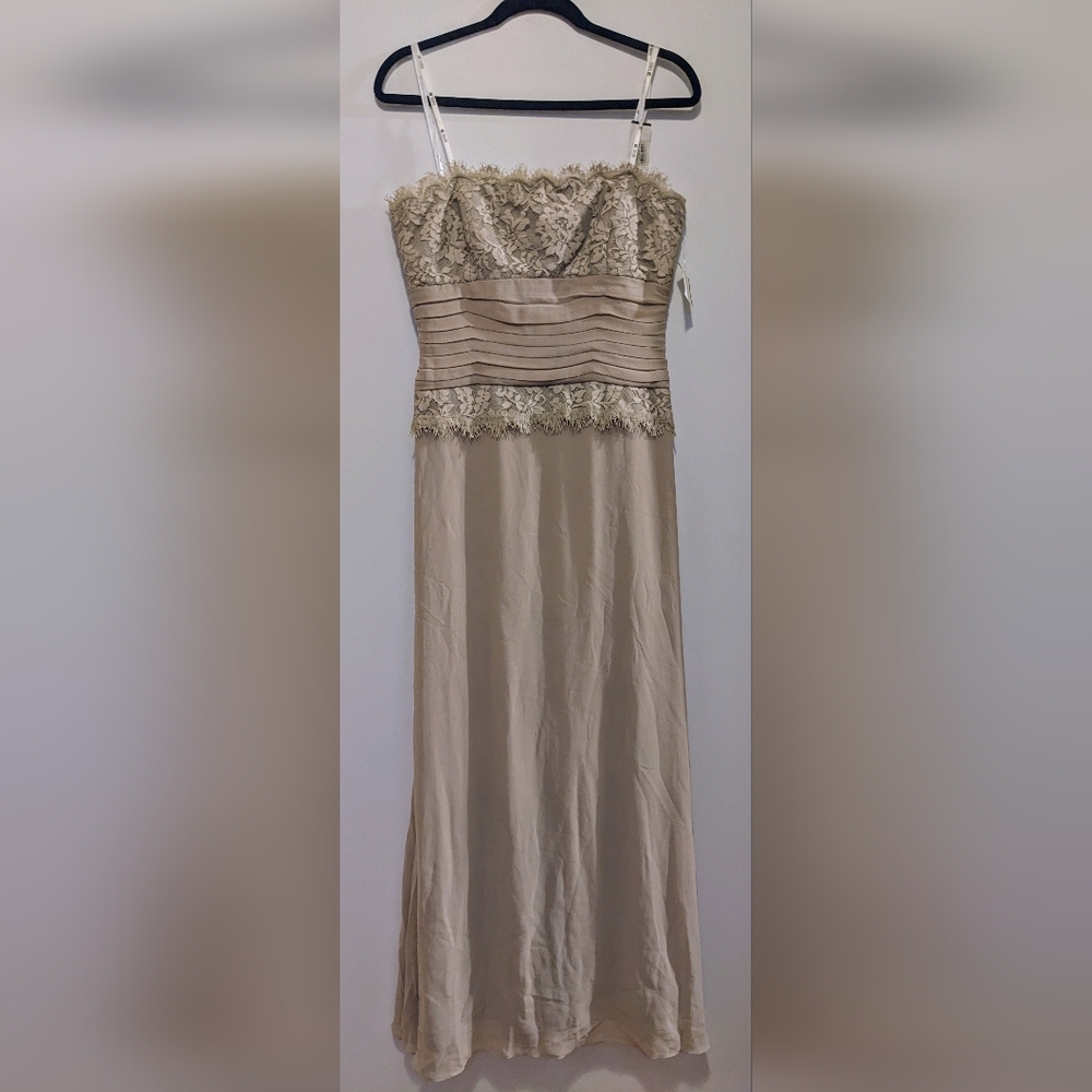 Tadashi Silk Strapless Floor Length Column Dress Champagne Beige NWT sz 12P